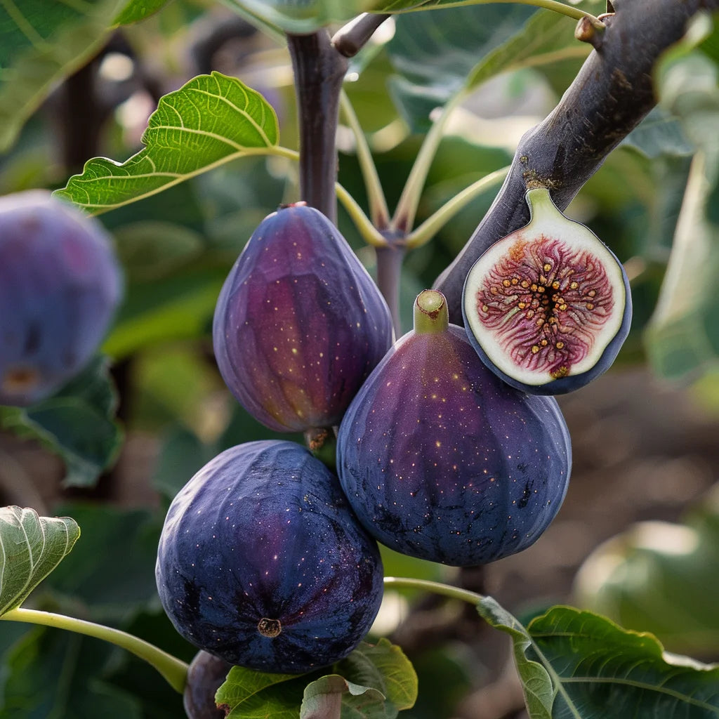 Celeste Figs on a tree branch with one fig cut open to show its interior.