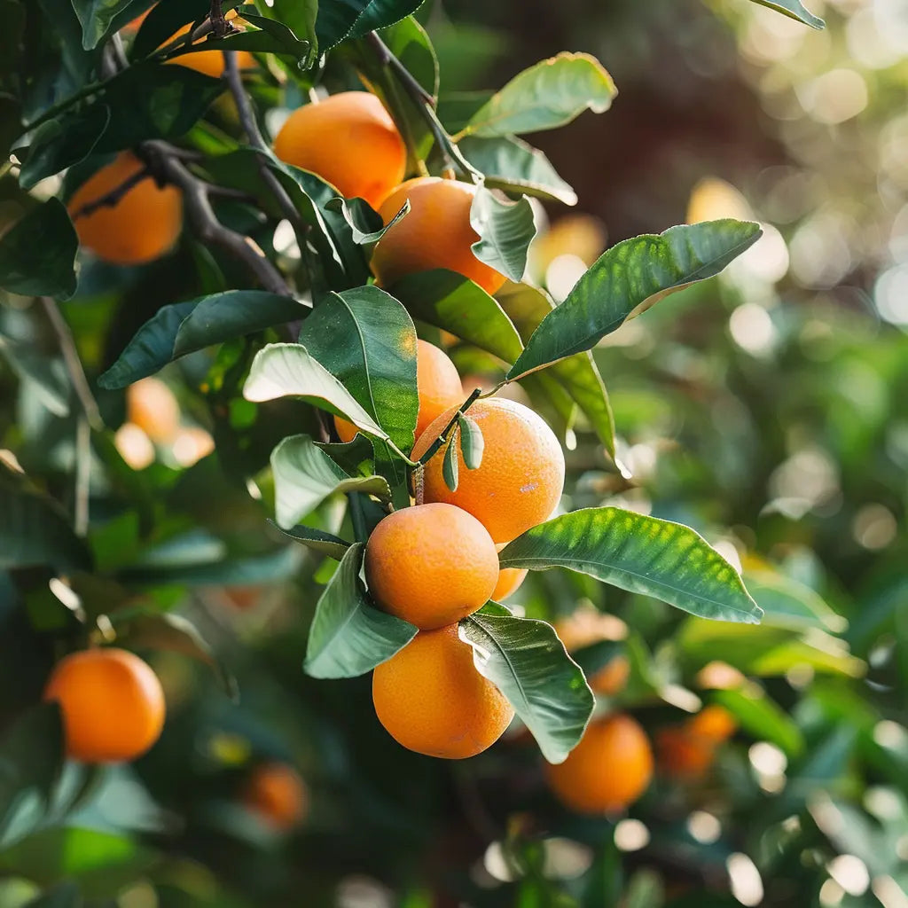 Ripe Calamondin Oranges hanging from a tree with green leaves