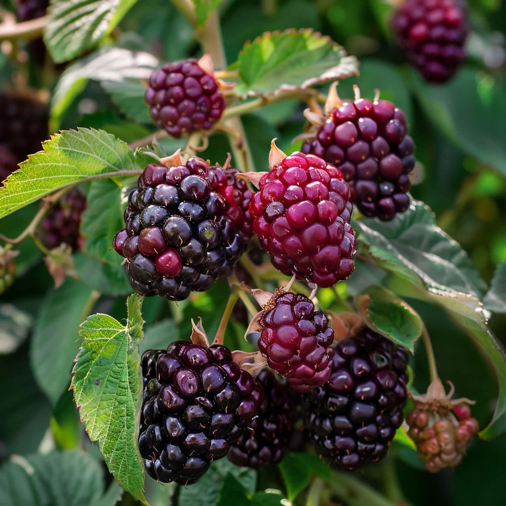 Close-up of ripe Marionberries on a branch with green leaves.