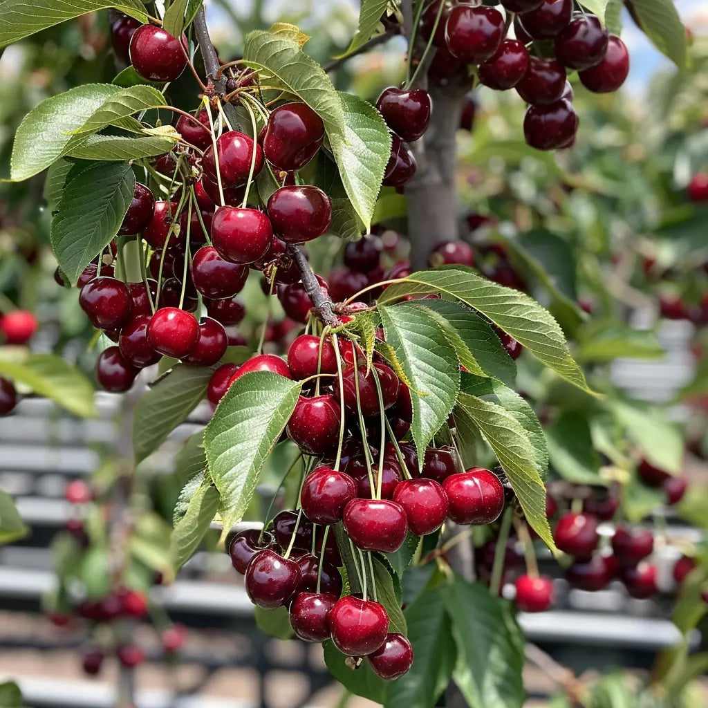 Close-up of ripe cherries on a tree branch with green leaves.