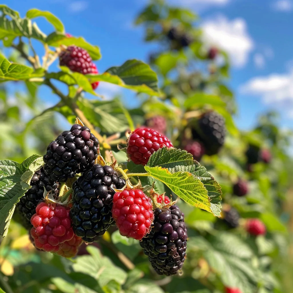 Ripe Triple Crown Thornless Blackberry Bush on a branch.