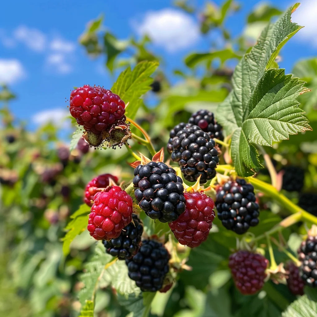 Ripe Chickasaw blackberries on a branch with green leaves against a blue sky.