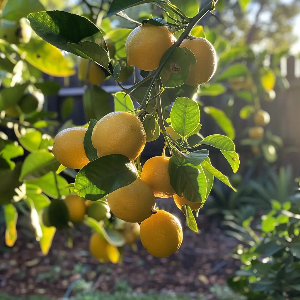 Lemons hanging from a tree branch with green leaves