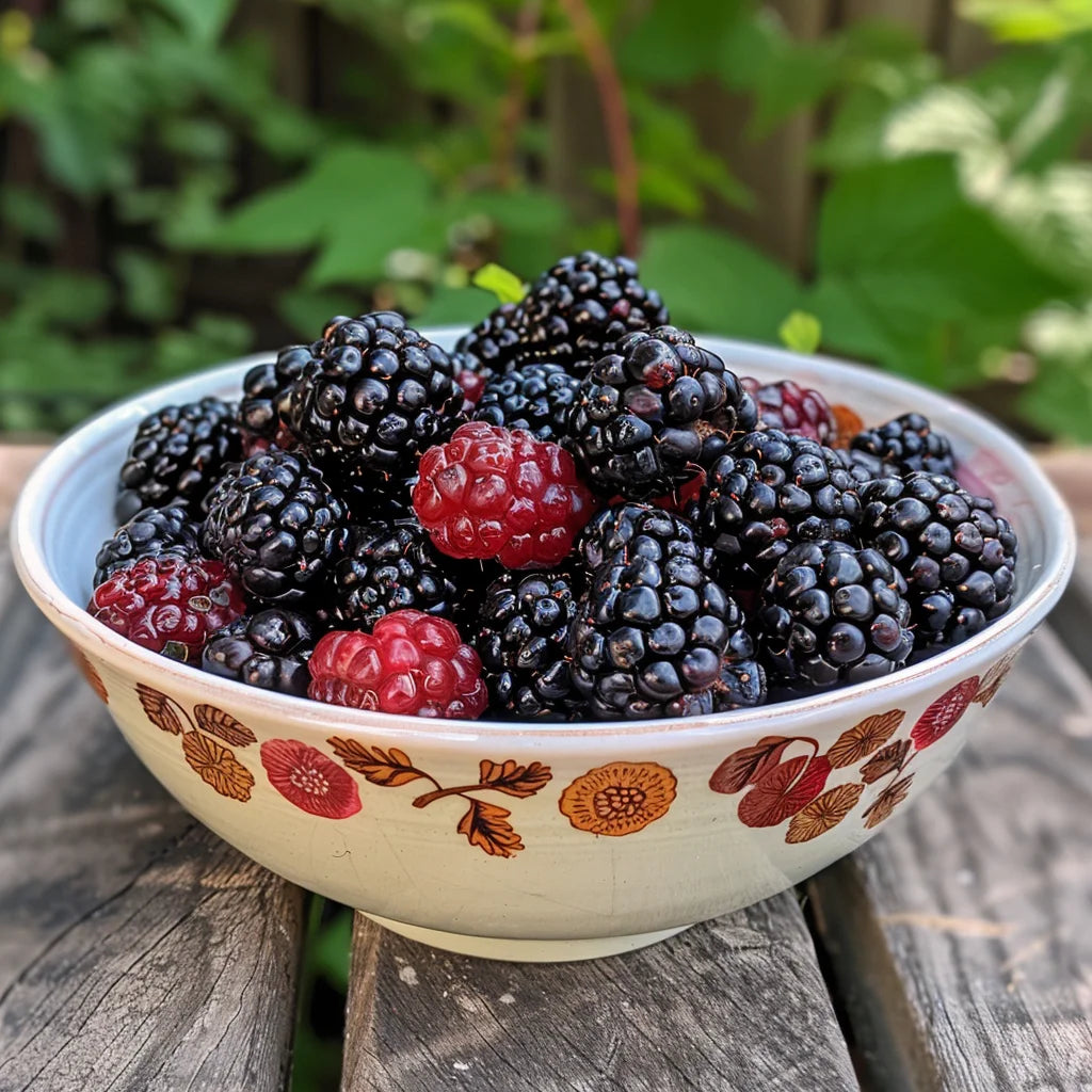 Bowl of Cherokee blackberries on a wooden surface with a blurred green background