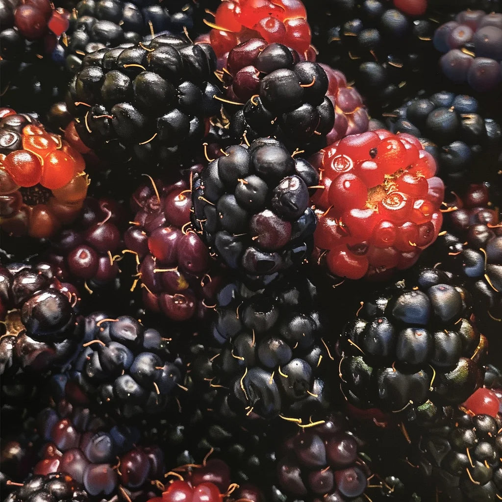 Close-up of Apache blackberries and raspberries with a dark background