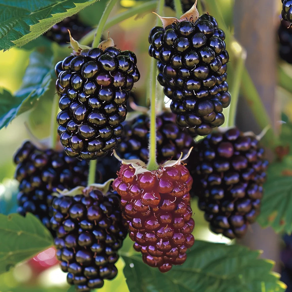 Close-up of ripe Siskiyou Blackberries cluster on a branch with green leaves.