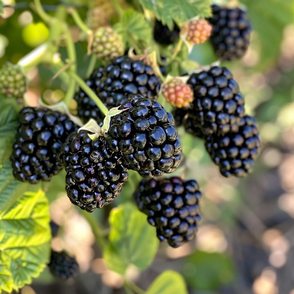 Close-up of Osage blackberries on a branch with green leaves.