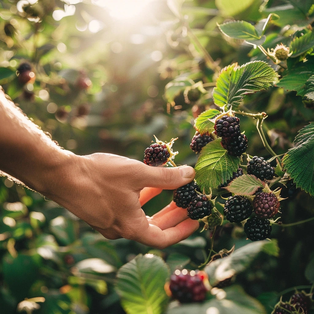 A hand picking ripe Kiowa blackberries from a bush.