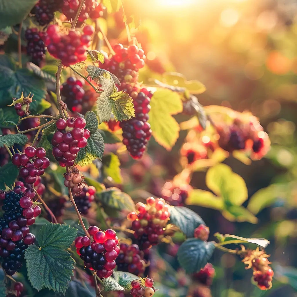 Close-up of ripe Black Satin Thornless blackberries on a branch with a blurred natural background.