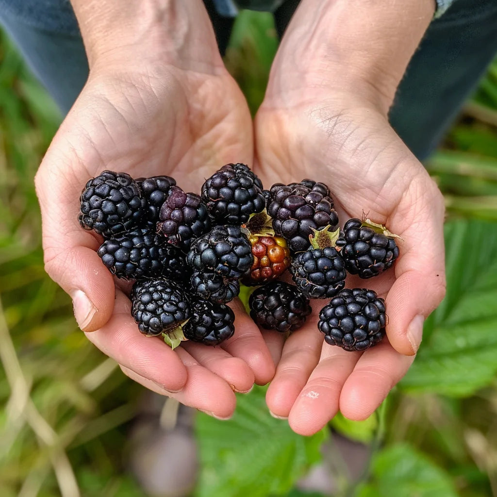 Hands holding a bunch of Freshly Picked Brazos Blackberries with a natural background.