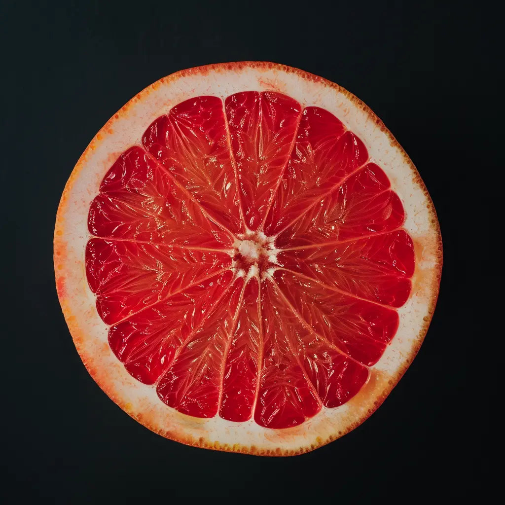 Sliced Ruby Red grapefruit on a black background.