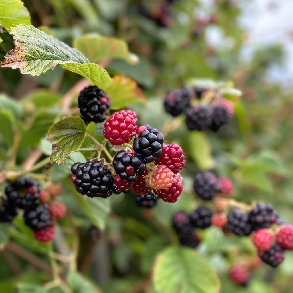 Close-up of Dirksen Thornless blackberries on a branch with green leaves.