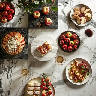 Collage of various Fuji apple dishes on a marble surface