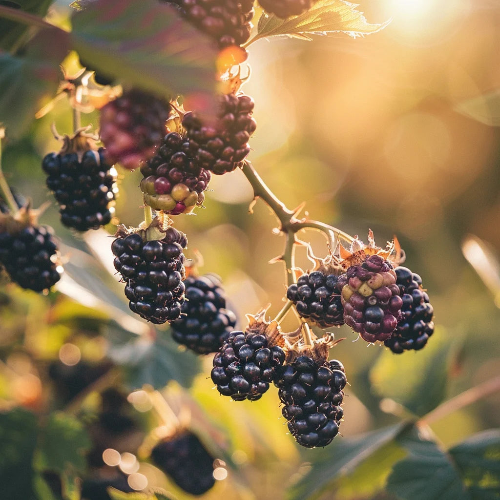 Black Butte Blackberries on a branch.