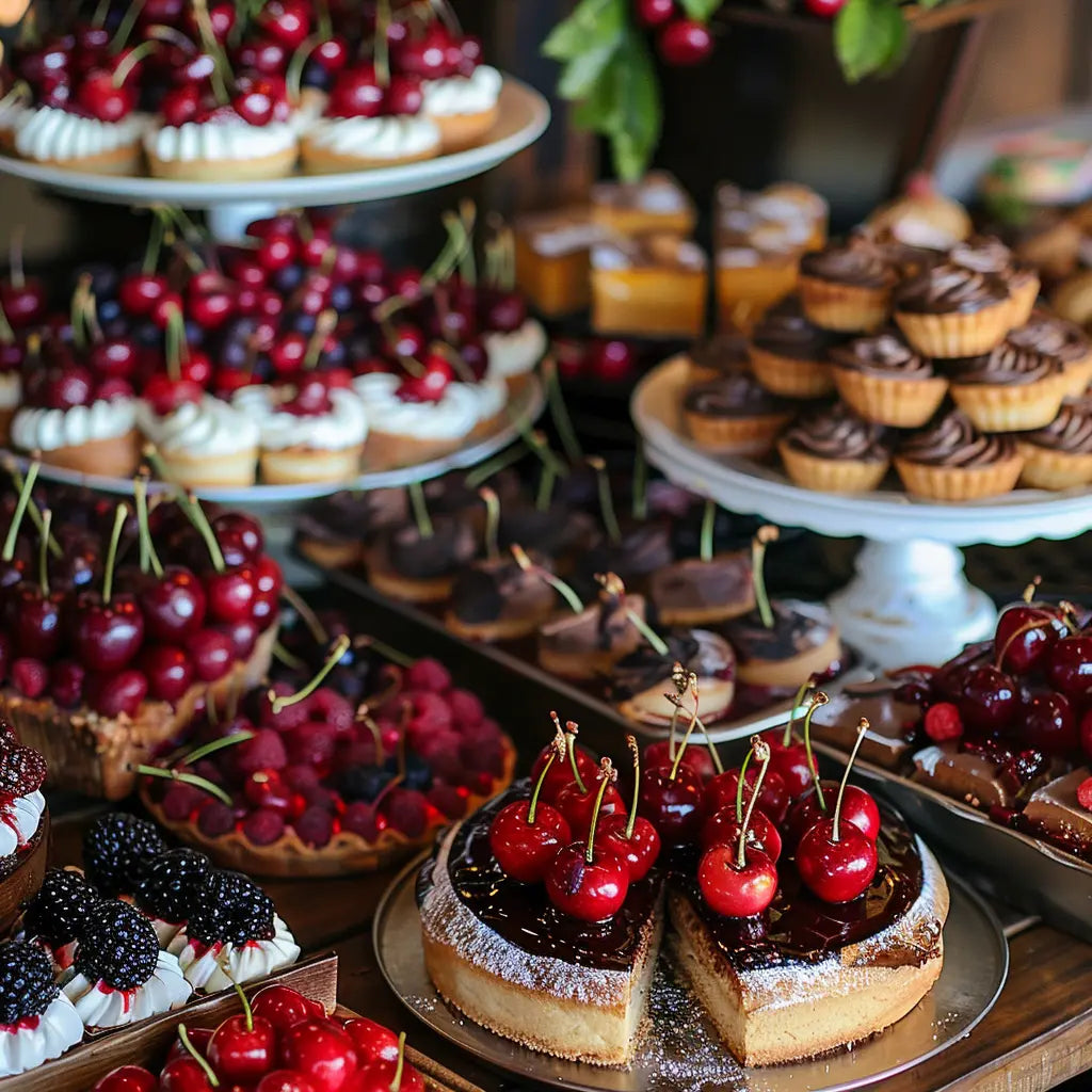 Freshly Baked Skeena Cherry Dessert display with various pastries and fruits on tiered stands.