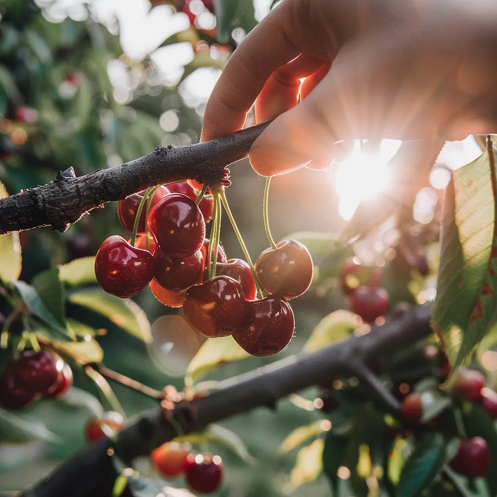 A hand picking a dwarf Bing cherry from a tree with sunlight filtering through
