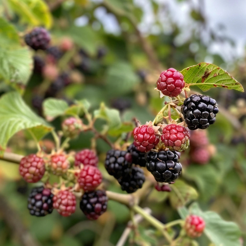 Close-up of Ouachita blackberries on a branch with green leaves.