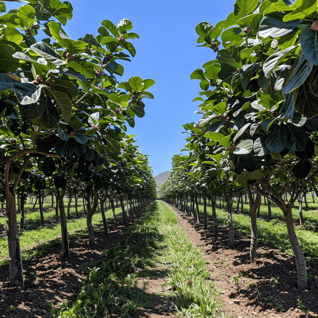 Row of Celestial Fig Trees with green leaves and clear blue sky