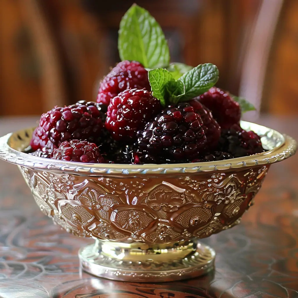 Decorative bowl filled with thornless blackberries on a textured surface